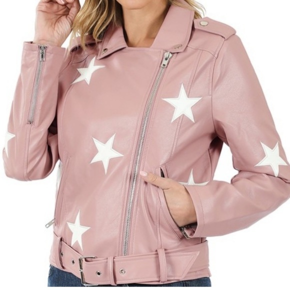 Zenana Star Moto Jacket Faux Leather, Pink Size Medium - Picture 2 of 10